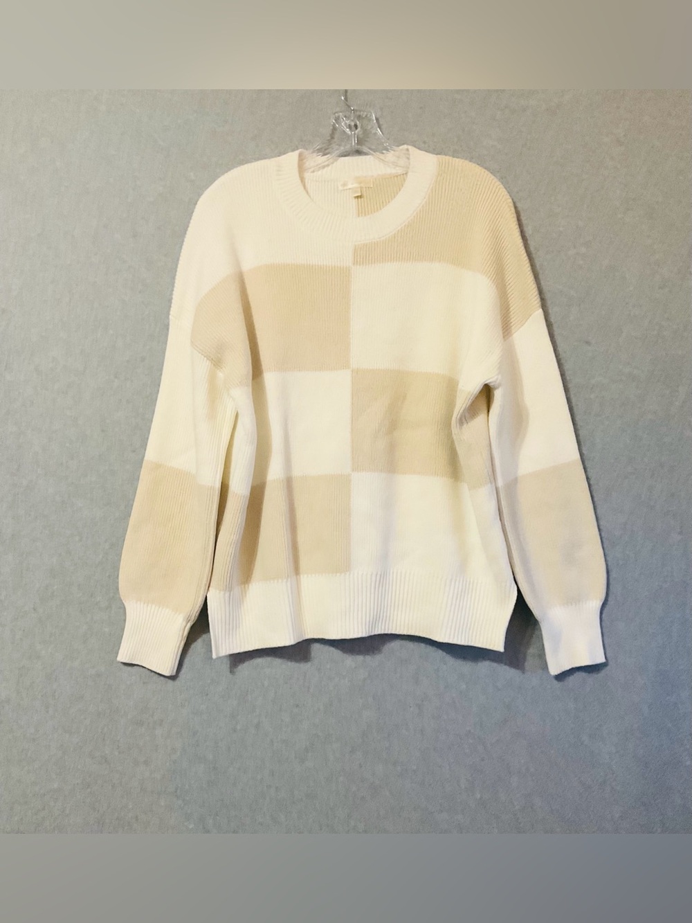 moon & madison Women's Cream & Beige Checker Knit Sweater SZ M